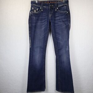 Rock Revival Womens Dark Wash Crystal Embellished Bootcut Jeans Thick Stitch